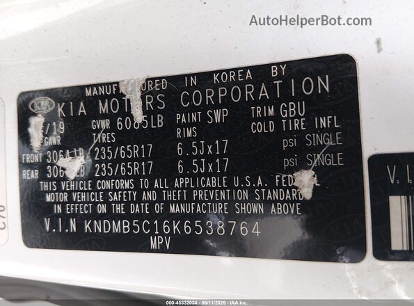 KNDMB5C16K6538764 2019 KIA SEDONA White Widok komory silnika