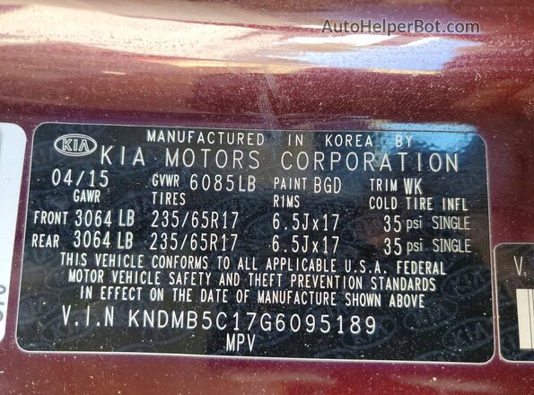 KNDMB5C17G6095189 2016 KIA SEDONA Бордовый Вид наклейки с VIN-кодом