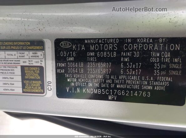 KNDMB5C17G6214763 2016 KIA SEDONA Серебряный 