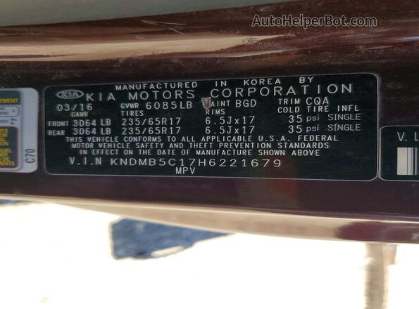 KNDMB5C17H6221679 2017 KIA SEDONA Burgundy VIN sticker view