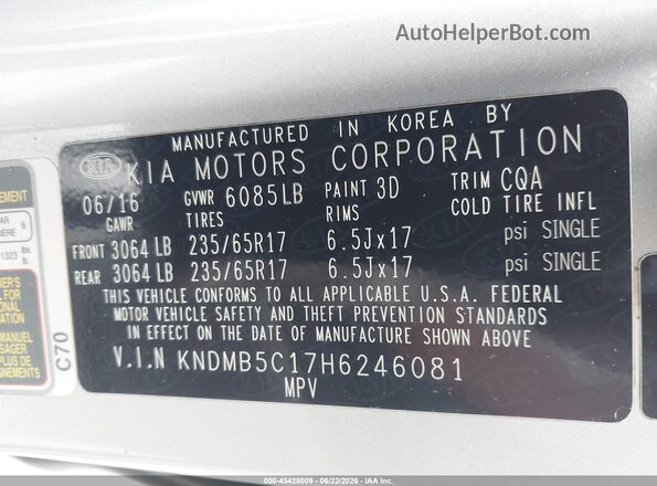 KNDMB5C17H6246081 2017 KIA SEDONA Silver Engine compartment view