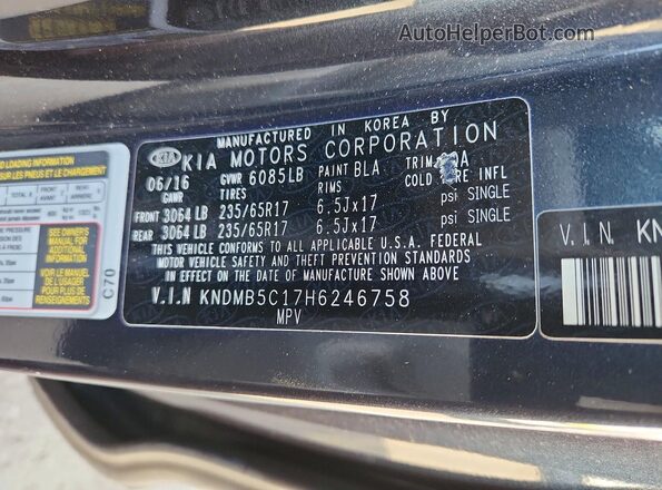 KNDMB5C17H6246758 2017 KIA SEDONA Blue Vista de la etiqueta del VIN