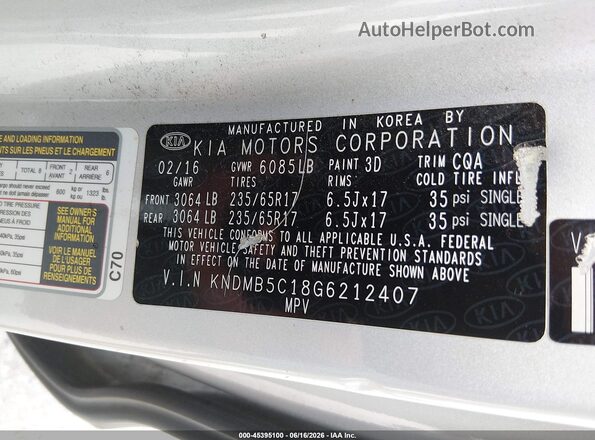 KNDMB5C18G6212407 2016 KIA SEDONA Silver 