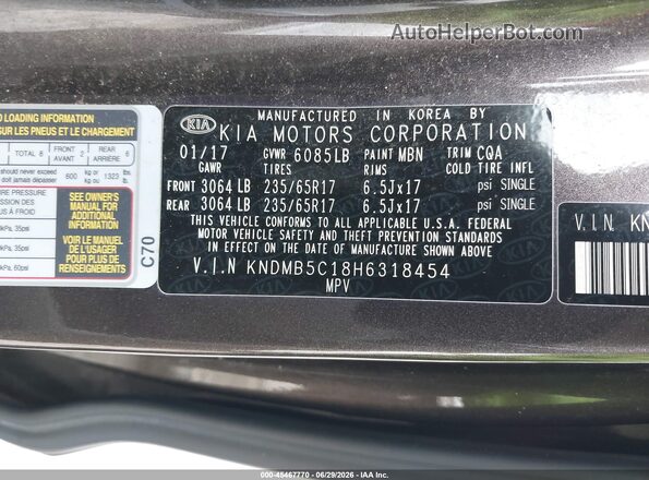 KNDMB5C18H6318454 2017 KIA SEDONA Gray ძრავის განყოფილების ხედი