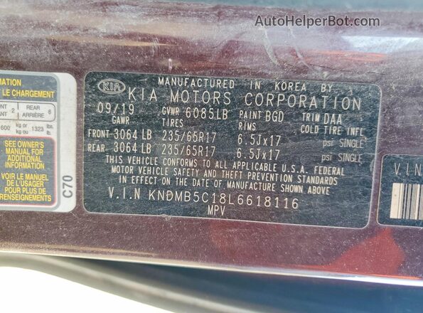 KNDMB5C18L6618116 2020 KIA SEDONA Maroon 
