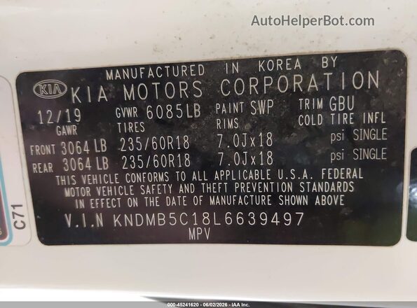 KNDMB5C18L6639497 2020 KIA SEDONA White Vista del compartimento del motor