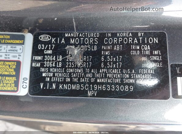 KNDMB5C19H6333089 2017 KIA SEDONA Gray ძრავის განყოფილების ხედი