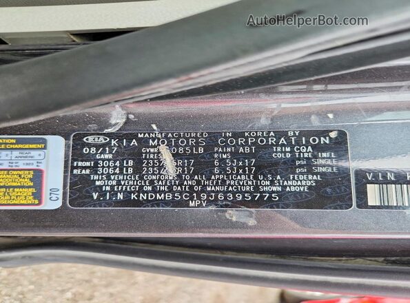 KNDMB5C19J6395775 2018 KIA SEDONA Gray VIN კოდის სტიკერის ხედი