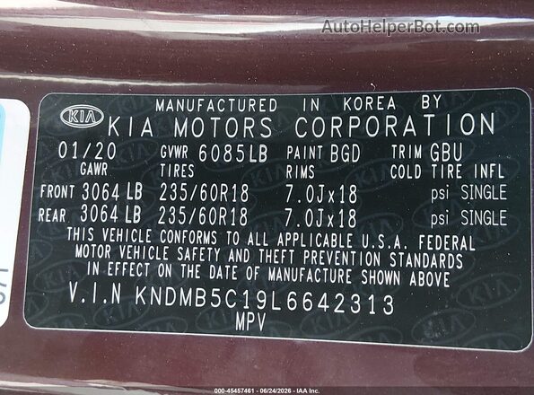 KNDMB5C19L6642313 2020 KIA SEDONA Maroon Vista del compartimento del motor