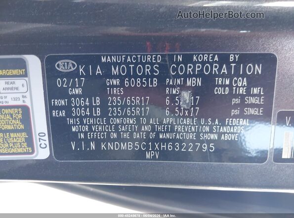 KNDMB5C1XH6322795 2017 KIA SEDONA Gray ძრავის განყოფილების ხედი