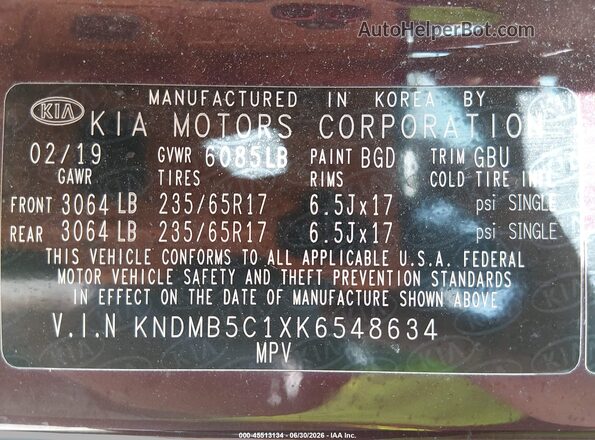 KNDMB5C1XK6548634 2019 KIA SEDONA Burgundy Engine compartment view