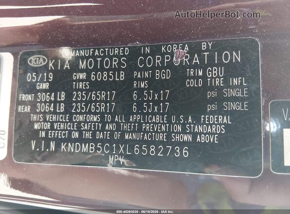 KNDMB5C1XL6582736 2020 KIA SEDONA Бордовый Вид подкапотного пространства