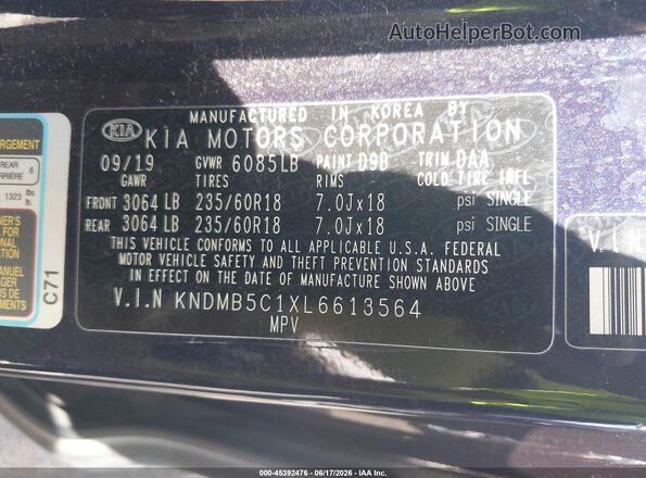 KNDMB5C1XL6613564 2020 KIA SEDONA Blue Вид підкапотного простору