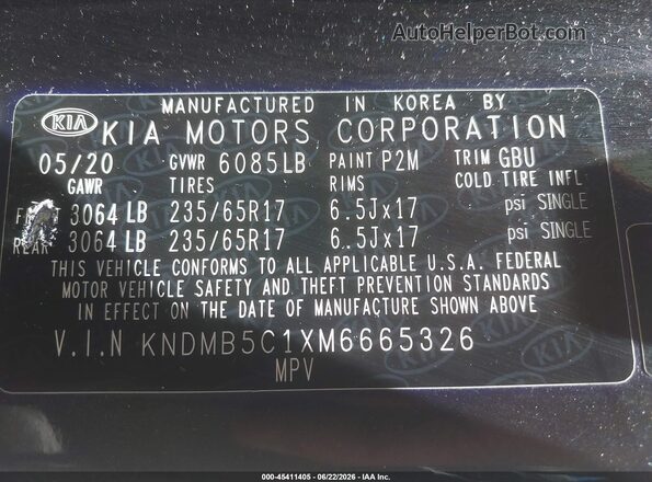 KNDMB5C1XM6665326 2021 KIA SEDONA Black ძრავის განყოფილების ხედი