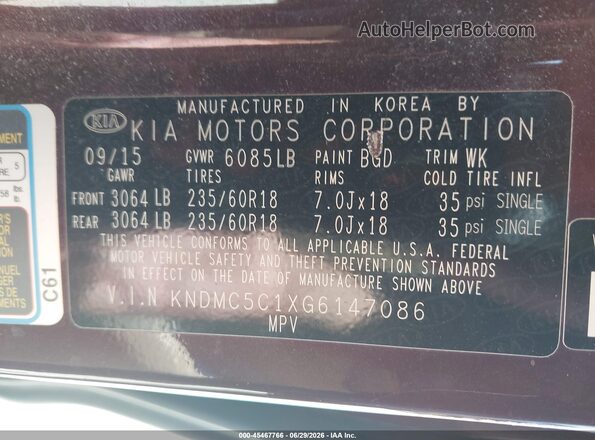 KNDMC5C1XG6147086 2016 KIA SEDONA Burgundy Widok komory silnika