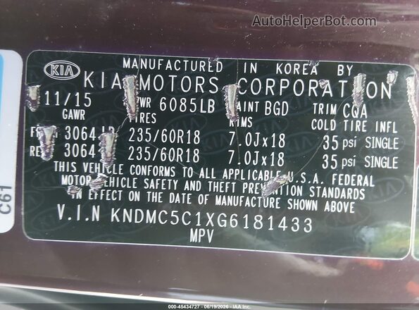 KNDMC5C1XG6181433 2016 KIA SEDONA Burgundy 