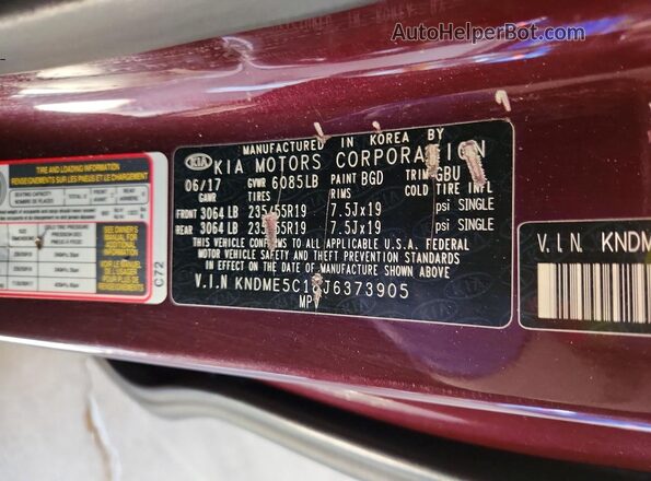 KNDME5C18J6373905 2018 KIA SEDONA Burgundy Вид наклейки з VIN-кодом
