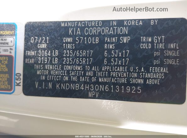 KNDNB4H30N6131925 2022 KIA CARNIVAL MPV White Շարժիչի բաժամունքի տեսք