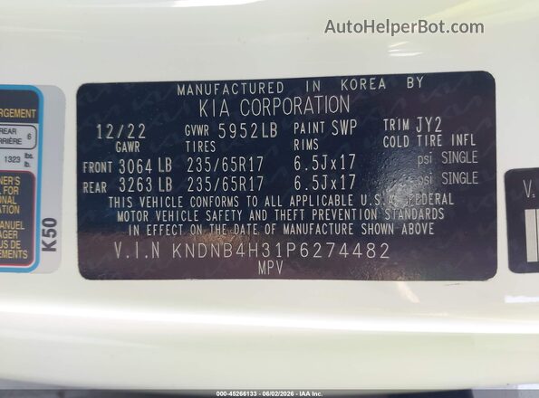 KNDNB4H31P6274482 2023 KIA CARNIVAL MPV White Вид підкапотного простору