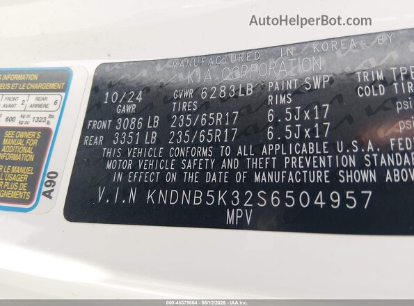 KNDNB5K32S6504957 2025 KIA CARNIVAL MPV White Вид підкапотного простору