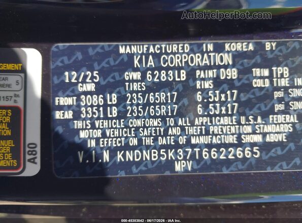 KNDNB5K37T6622665 2026 KIA CARNIVAL MPV Blue Շարժիչի բաժամունքի տեսք
