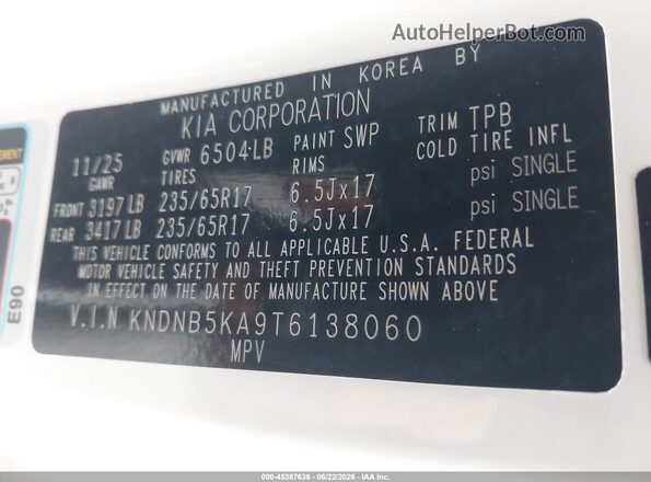 KNDNB5KA9T6138060 2026 KIA CARNIVAL MPV HYBRID White Вид підкапотного простору