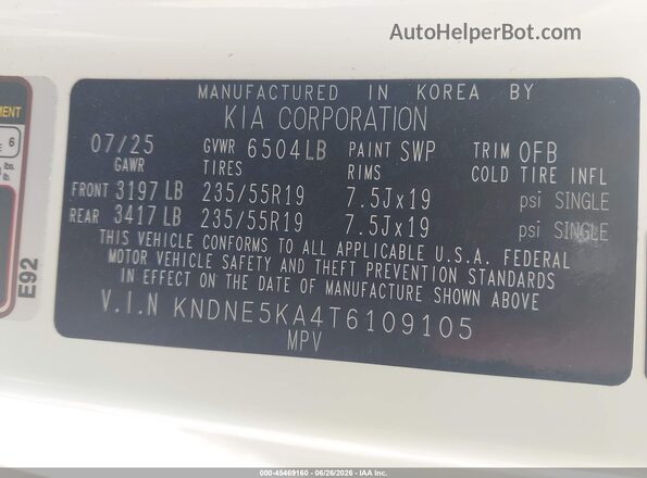 KNDNE5KA4T6109105 2026 KIA CARNIVAL MPV HYBRID White Widok komory silnika