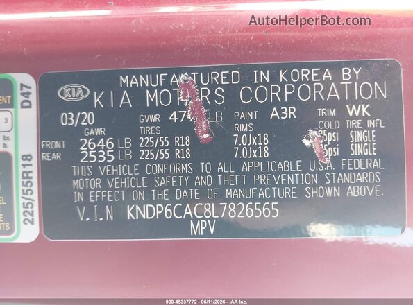 KNDP6CAC8L7826565 2020 KIA SPORTAGE Red Շարժիչի բաժամունքի տեսք