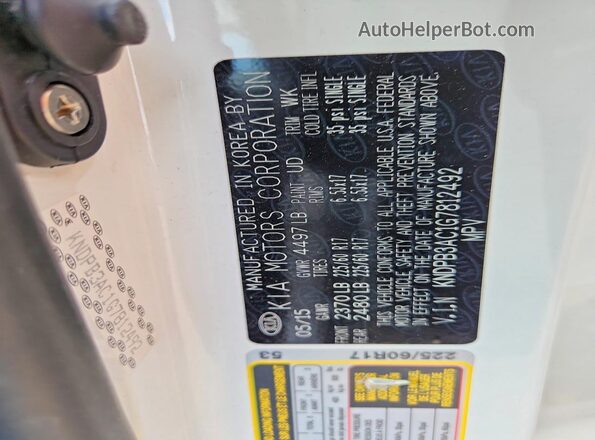 KNDPB3AC1G7812492 2016 KIA SPORTAGE White VIN sticker view
