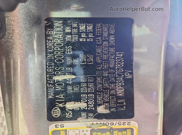 KNDPB3AC7G7823741 2016 KIA SPORTAGE Gray VIN կոդի պիտակի տեսք