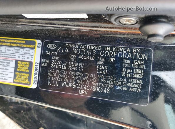 KNDPBCAC4G7806248 2016 KIA SPORTAGE Black Widok naklejki z numerem VIN