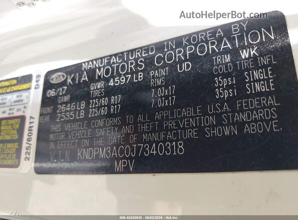 KNDPM3AC0J7340318 2018 KIA SPORTAGE White 