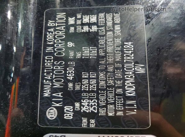 KNDPM3AC0L7824184 2020 KIA SPORTAGE Black VIN კოდის სტიკერის ხედი