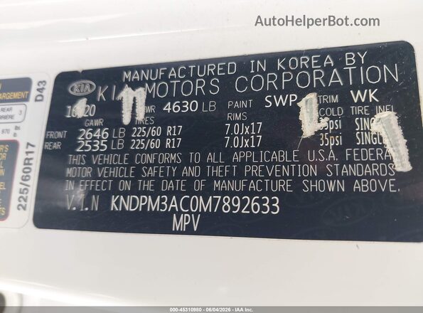 KNDPM3AC0M7892633 2021 KIA SPORTAGE White ძრავის განყოფილების ხედი