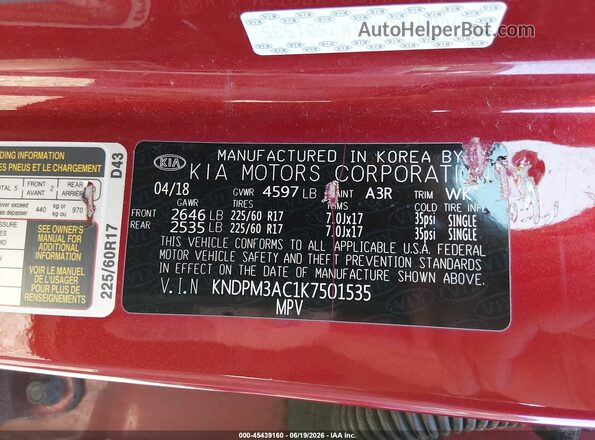 KNDPM3AC1K7501535 2019 KIA SPORTAGE Red 