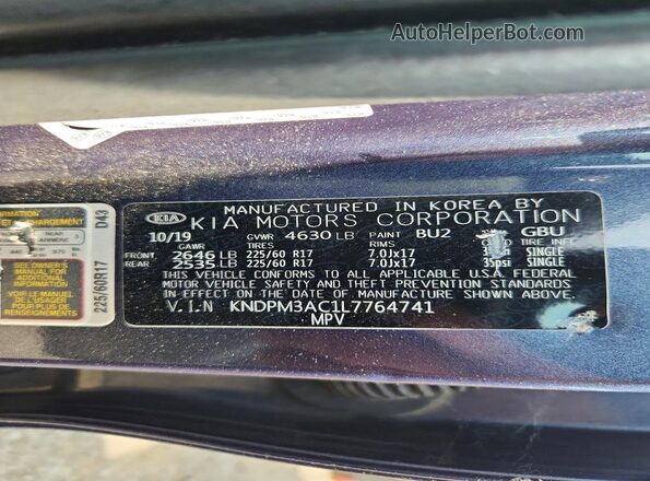 KNDPM3AC1L7764741 2020 KIA SPORTAGE Blue VIN sticker view
