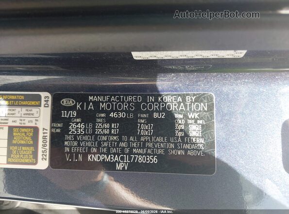 KNDPM3AC1L7780356 2020 KIA SPORTAGE Blue Widok komory silnika