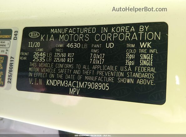 KNDPM3AC1M7908905 2021 KIA SPORTAGE White Շարժիչի բաժամունքի տեսք