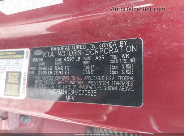 KNDPM3AC3H7070625 2017 KIA SPORTAGE Red ძრავის განყოფილების ხედი