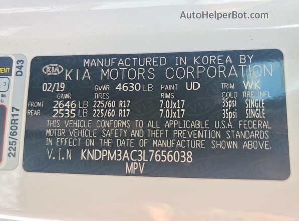 KNDPM3AC3L7656038 2020 KIA SPORTAGE White VIN կոդի պիտակի տեսք