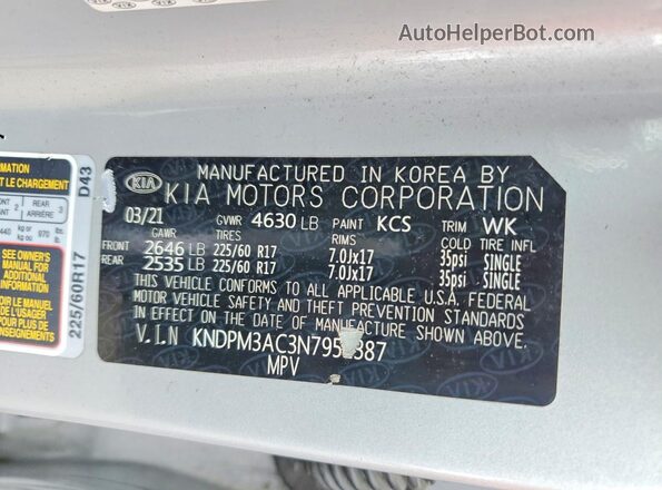 KNDPM3AC3N7952387 2022 KIA SPORTAGE Серебряный Вид наклейки с VIN-кодом