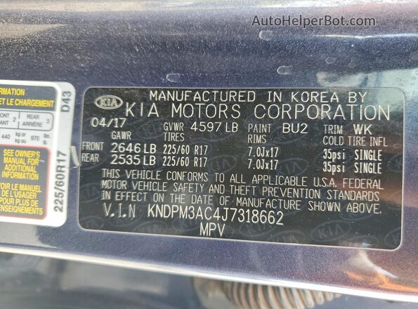 KNDPM3AC4J7318662 2018 KIA SPORTAGE Blue VIN կոդի պիտակի տեսք