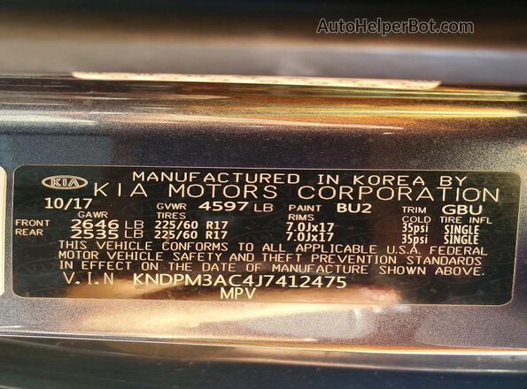 KNDPM3AC4J7412475 2018 KIA SPORTAGE Угольный Вид наклейки с VIN-кодом