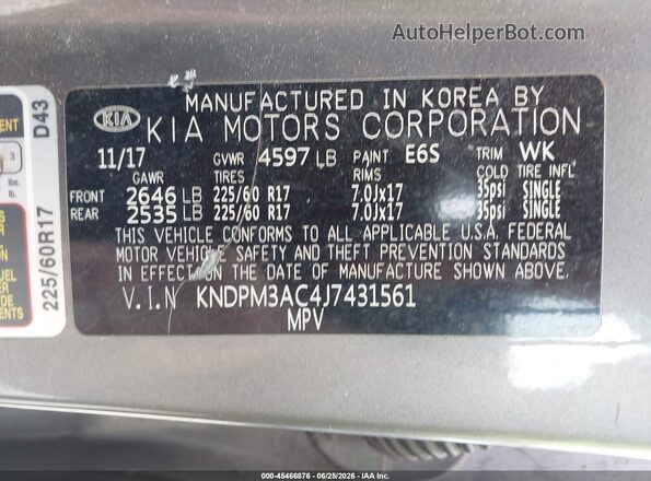 KNDPM3AC4J7431561 2018 KIA SPORTAGE Gray Շարժիչի բաժամունքի տեսք