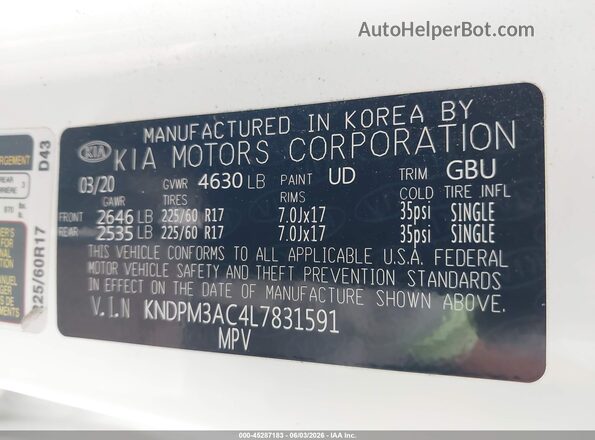 KNDPM3AC4L7831591 2020 KIA SPORTAGE White Engine compartment view