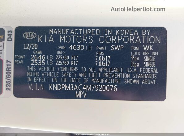 KNDPM3AC4M7920076 2021 KIA SPORTAGE White 