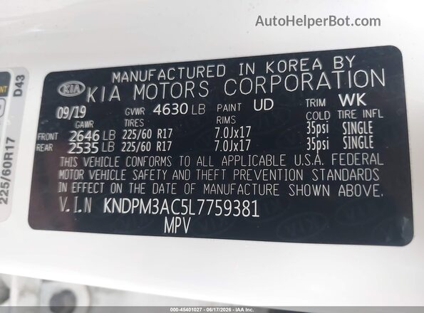 KNDPM3AC5L7759381 2020 KIA SPORTAGE White Vista del compartimento del motor