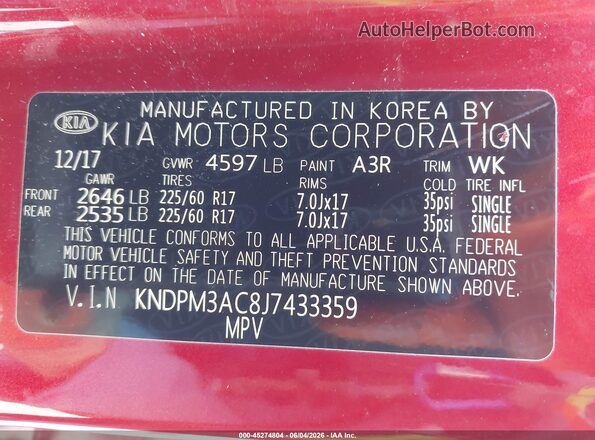KNDPM3AC8J7433359 2018 KIA SPORTAGE Maroon ძრავის განყოფილების ხედი