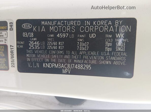 KNDPM3AC8J7488295 2018 KIA SPORTAGE White Вид підкапотного простору