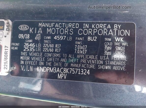 KNDPM3AC8K7571324 2019 KIA SPORTAGE Blue ძრავის განყოფილების ხედი